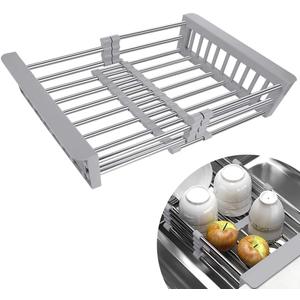 LUEXBOX Expandable Dish Drying Rack Over The Sink, Stainless Steel Drainer Basket with Adjustable Arms for Vegetable and Fruit (Grey) (Gray)