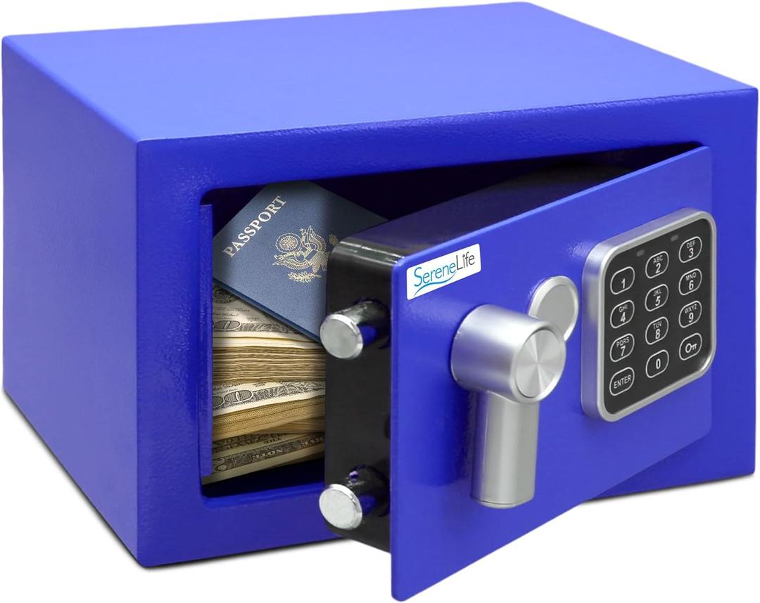 SereneLife Premium Steel Digital Safe Box - 9.1" x 6.7" x 6.7" | Secure Storage for Cash, Firearms & Jewelry | Great For Hotels, Cabinets & Home Use | Electronic & Mechanical Access | 2 Keys | Blue