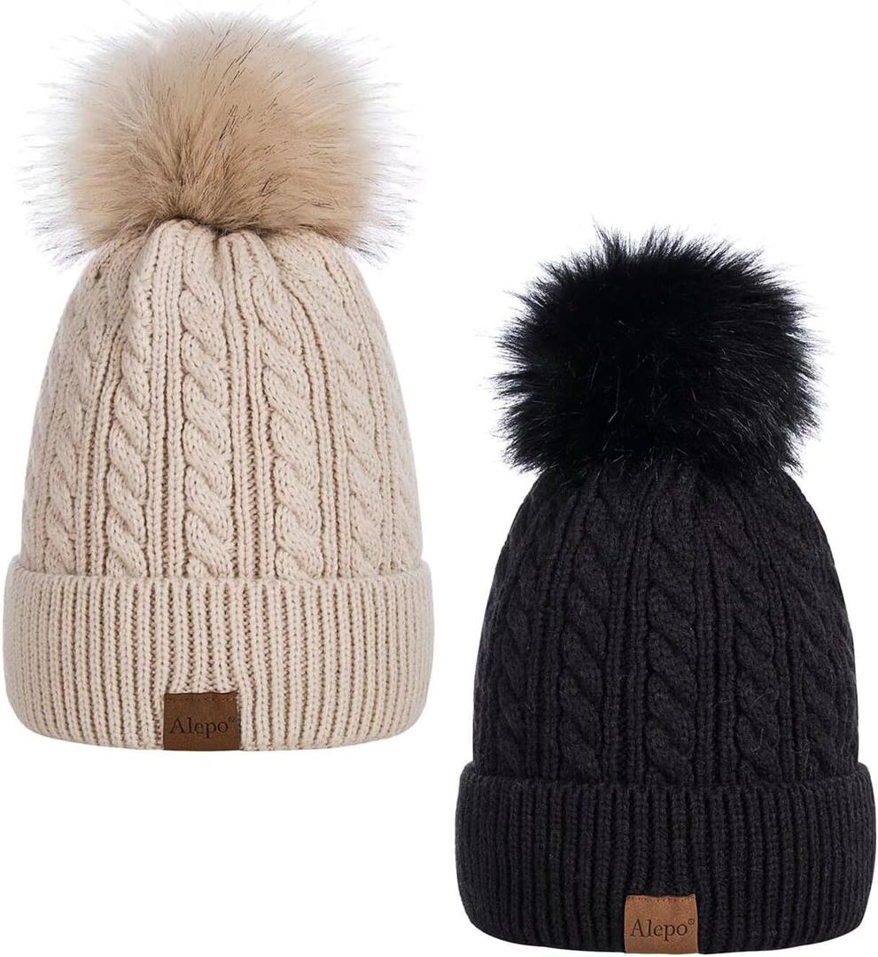 Alepo Womens Winter Beanie Hat, Warm Fleece Lined Knitted Soft Ski Cuff Cap with Pom Pom, One Size