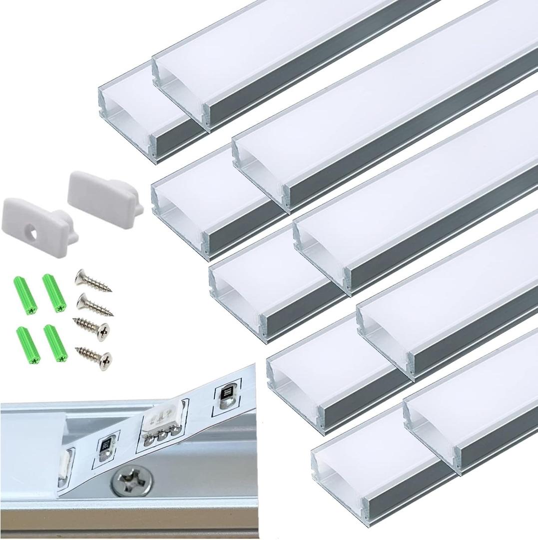 10-Pack Pre-Drilled Countersunk Hole 3.3FT LED Strip U Channel Diffuser, Hacksaw Easy Cut Tight and Flush Mounted Under Cabinet Tape Light Aluminum Low Profile with Screw and End caps (10)