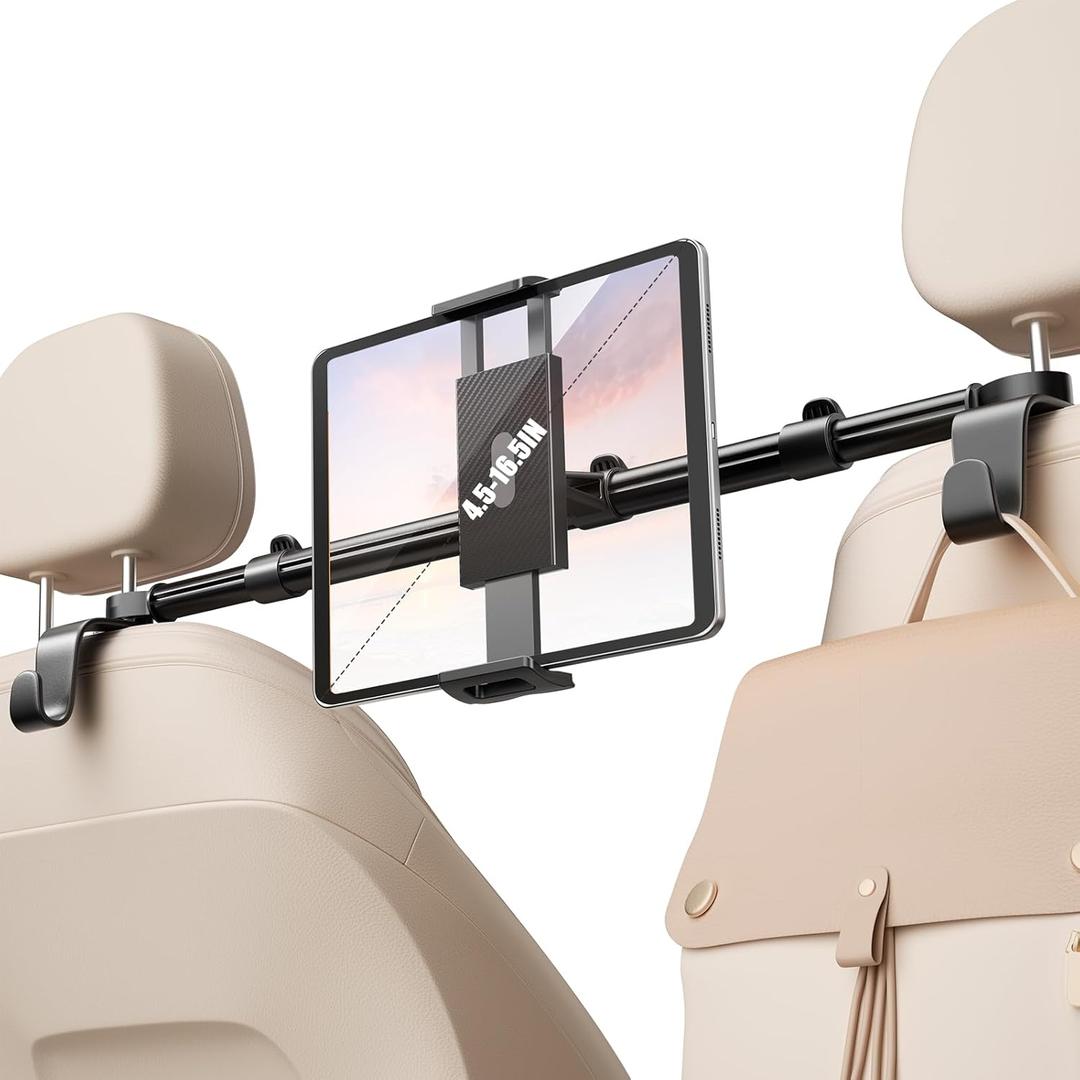 Car Headrest Tablet Holder [Dual-Clamp Stability][360 Adjustable] Back Seat iPad Mount for Kids Road Trip, Compatible with 4.516.5" iPad Pro/Air/Mini, Galaxy Tab, Kindle Fire, Switch