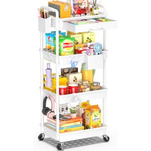 SUNALLY 4 Tier Rolling Utility Cart with Drawer, Storage Organizer Cart with 2 Lockable Wheels, Multifunctional Rolling Storage Cart for Bathroom, Kitchen, Craft, Makeup, Baby Essentials, White