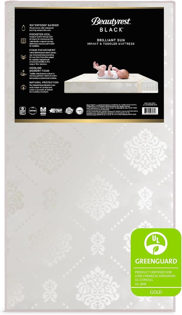 Beautyrest Beginnings Black Brilliant Sun 2-Stage Premium Crib and Toddler Mattress with Plant-Based Soy Foam and Gel Memory Foam, 52x28x6"
