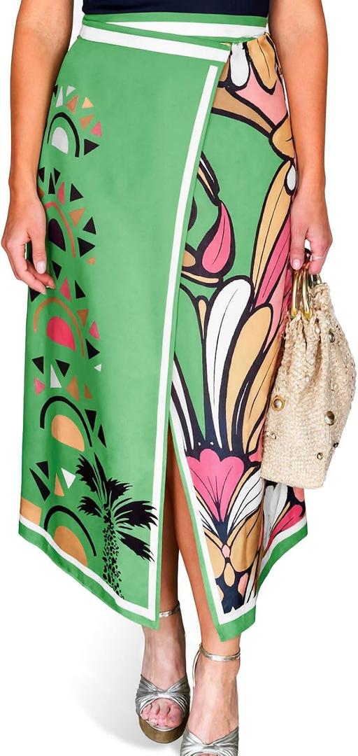 Tankaneo Women Floral Wrap Maxi Skirt Boho Elastic High Waisted Zipper Split A Line Flower Midi Skirts (M)