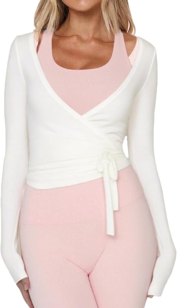 Women Ballet Wrap Top Long Sleeve Self Tie Dance Shirt Pilates Yoga Tops Y2k Workout Active Blouses (White, S)