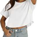 Crop Tops for Women Short Sleeves T Shirts Casual Crewneck Curved Hem Loose Fit Summer Basic Tees 2026 (White, L)