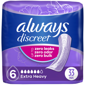 Always Discreet Incontinence Pads for Women and Postpartum Pads, Extra Heavy, 33 CT, up to 100% Bladder Leak Protection