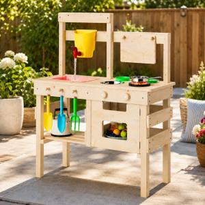 Outdoor Play Kitchen for Kids, Mud Kitchen with Water Faucet, Dual-Sided Chalkboard, Storage Shelves, Cups, Removable Sink, and Pretend Stove – Backyard Toddler Playset for Boys and Girls, 5.5 x 32 x 14 inches