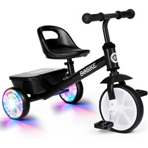 Bobike Toddler Tricycle for Ages 2-5 Years, Tricycle with 2 LED Light Wheels, Toddler Bike with 3-Position Seat and Rear Basket, Kids Bike Gift for Boys & Girl (Black)