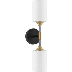 BYOLIIMA Industrial Mid Century Wall Sconce 2-Lights with White Cylinder Glass Shades Modern Bathroom Vanity Wall Lamp Matte Black and Gold Brushed Brass Finished Wall Light Fixture