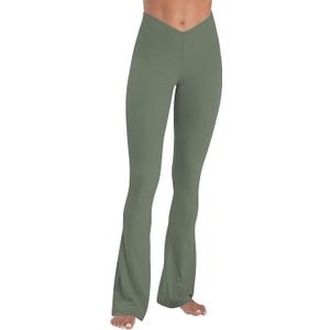 Sunzel Mini Flare Leggings for Women V Crossover Mid Rise Workout Flared Yoga Pants with Tummy Control and Wide Leg (Green)