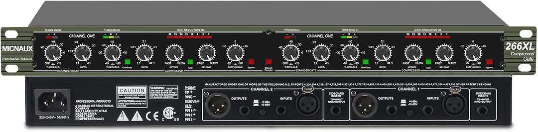 Audio Compressor, Professional Dual-Channel Black Dynamic Processor with Noise Gate & Sidechain Insert for Studio, Live & Streaming – 1U Rackmount, XLR/TRS Inputs