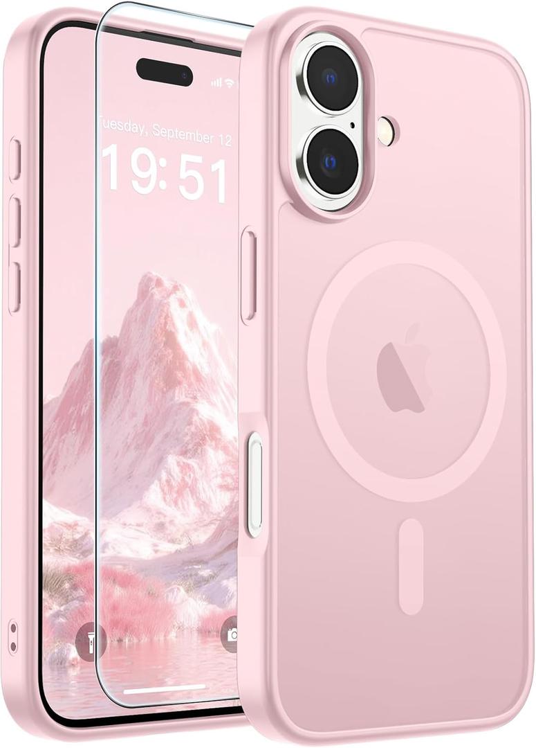 SUPFINE Magnetic for iPhone 17 Case with Screen Protector (Compatible with MagSafe)(Military Grade Drop Protection) Translucent Matte Shockproof with Anti-Fingerprint Phone Cover,Light Pink