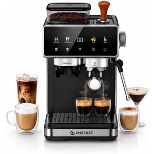 AMZCHEF Espresso Machine with Grinder, 20 Bar, Latte & Cappuccino, Black
20 Grind Settings, Built-In Grinder, Hot & Cold Brew, 30s Heat-Up, 3 Temps, 3–10s Pre-Infusion, Milk Frothing, Compact Design