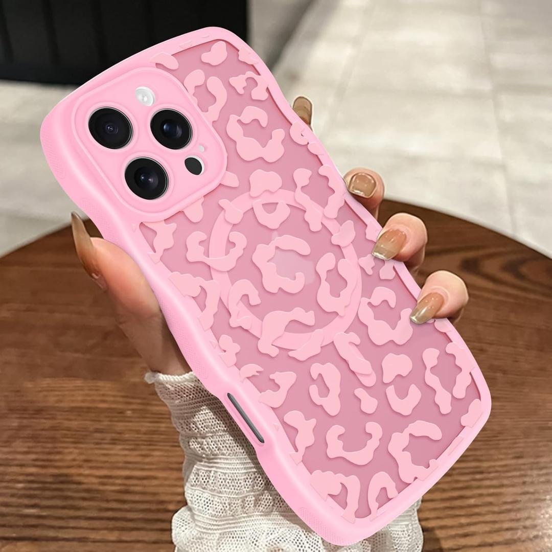 MOWIME Magnetic Case for iPhone 16 Pro Max, Compatible with Magsafe, Camera Protection, Cheetah Print Translucent Matte Protective Wave Leopard Phone Case for iPhone 16 Pro Max 6.9", Pink