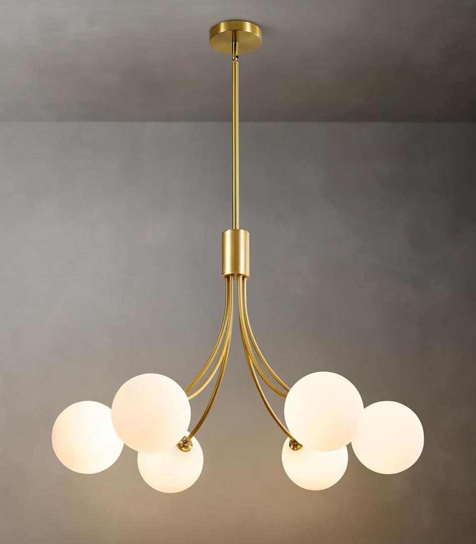 Mid Century Modern Sputnik Chandelier: 6 Light Gold Fixture For Dining Room | Milk White Glass Globe Entryway Foyer Living Room Chandelier, Farmhouse Hanging Pendant Light For Kitchen Island Over Table