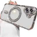 for iPhone 17 Case Magnetic, [Compatible with MagSafe] Women Cute Clear Glitter Bling Diamond Rhinestone Sparkly Case Camera Lens Protectors Plating Cover, Silver