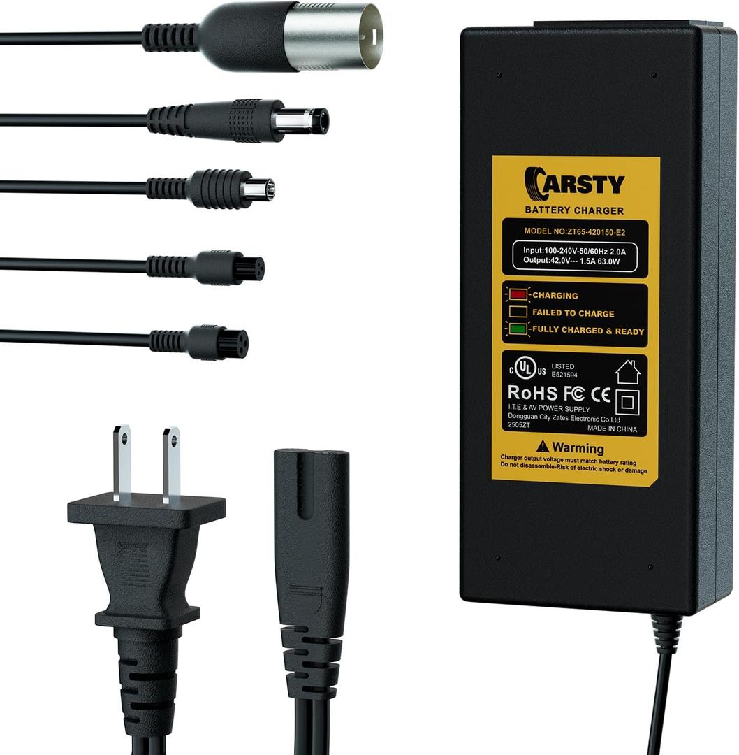 Carsty UL Certified 42V 2A Replacement [Hoverboard Charger] for 36V Lithium Battery with 5 in 1 Universal Plugs - Compatible with Gotrax, Jetson, Segway,Ninebot, Swagtron, Bird Electric Scooters