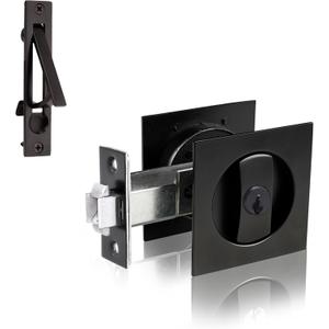 Dontay Pocket Door Lock with Key, Contemporary Entrance Sliding Barn Door Lock Latch, Recessed 2 Sided, 2 3/8" Backset, Flush Handles Hardware (Including Edge Pull, Matte Black, Square - 1 Pack)