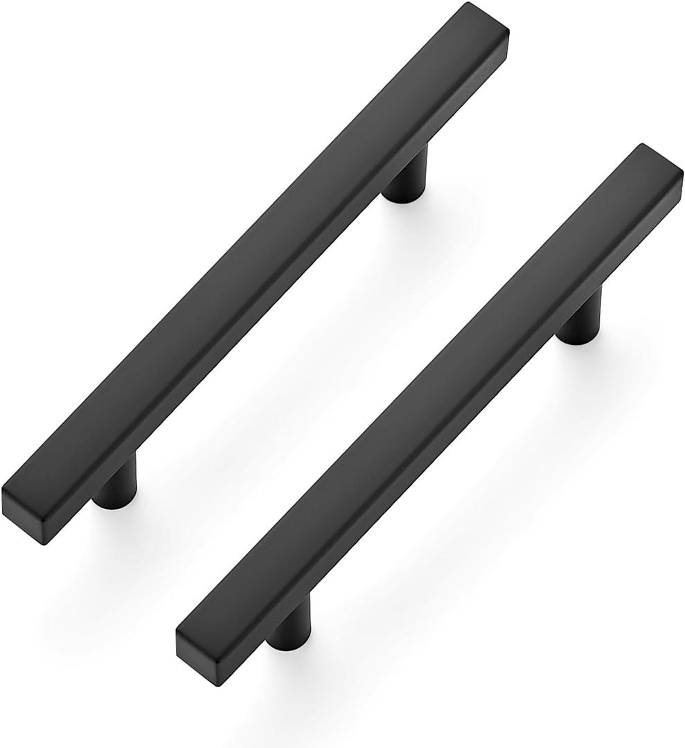 5 Pack Matte Black Cabinet Handles with 3-3/4 Inch (96 mm) Hole Center, Square Kitchen Hardware for Cabinets & Drawers, Stainless Steel Pulls, 6 Inch Overall Length