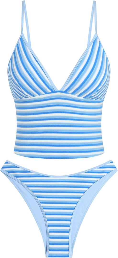 ZAFUL Women's Spaghetti Strap Tankini Swimsuits V Neck Tummy Control Tie Side Thong Bikini Swimsuits 2 Piece Bathing Suits (Large, 1-a-blue)