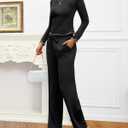 Gargenwed Women's Two-Piece Lounge Set, Long Sleeve Top and Wide Leg Pants with Pocket Casual Comfort Outfit (X-Large, Black)