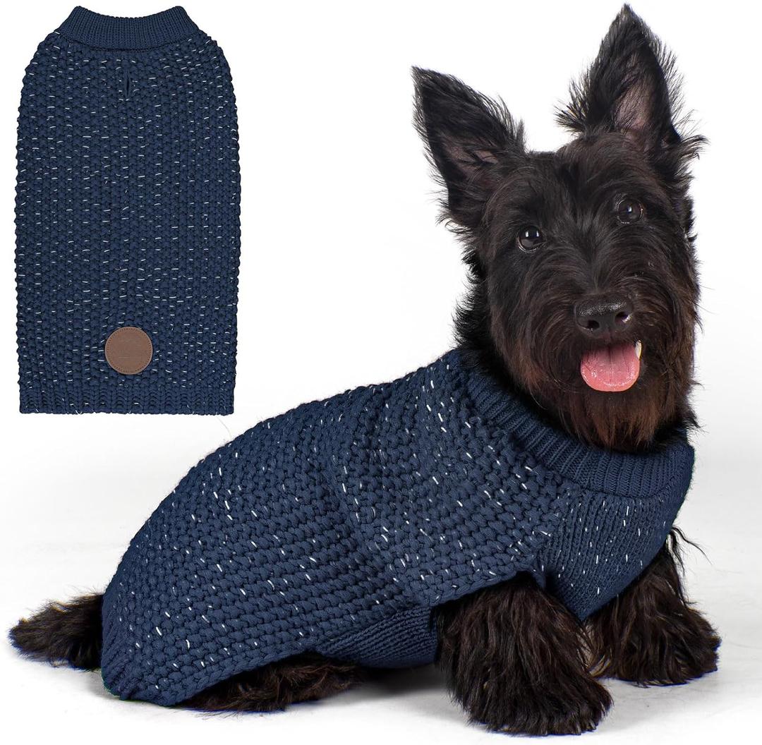 KYEESE Dog Sweater with Leash Hole Warm Pullover with Reflective Yarn for  Dogs Male Soft Knit Pullover Boy Dog Coats Cozy Lightweight Thick Sweater,Navy Blue,Medium