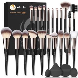 Makeup Brushes Set, Mlemle Professional 25 Pcs Makeup Kit, Include Powder Foundation Concealers Blush Eye shadows 21 Pcs Makeup Brushes and 2 Powder Puff, 2 Makeup Sponge(B02-CreamBlack)