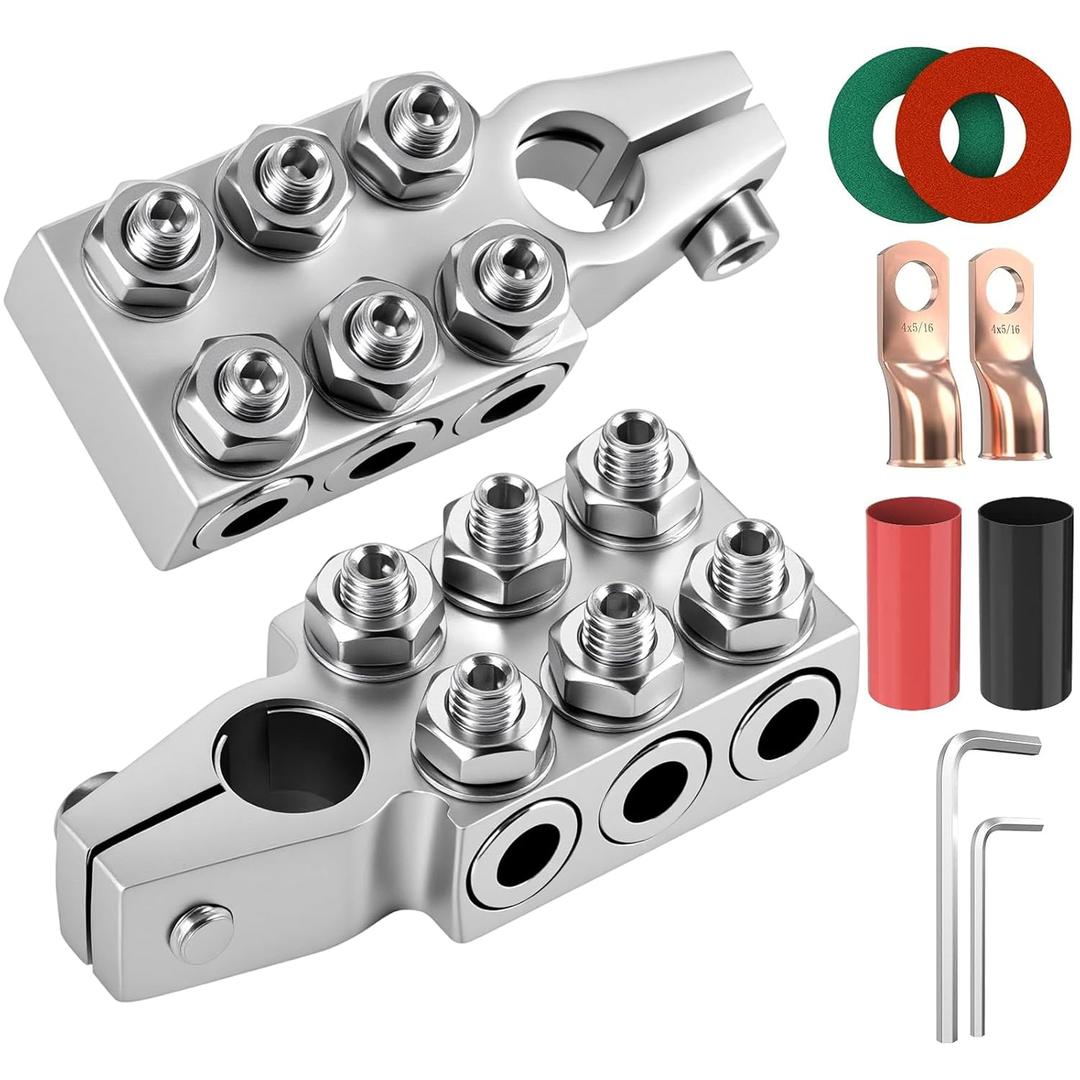 JiiinMiiin Battery Terminal Connectors, 8AWG up to 4/0(XL) AWG Gauge, 12-Way Battery Terminal Clamps, Positive and Negative (+/-)(1 Pair) for SAE/DIN/EN Tapered Top Post
