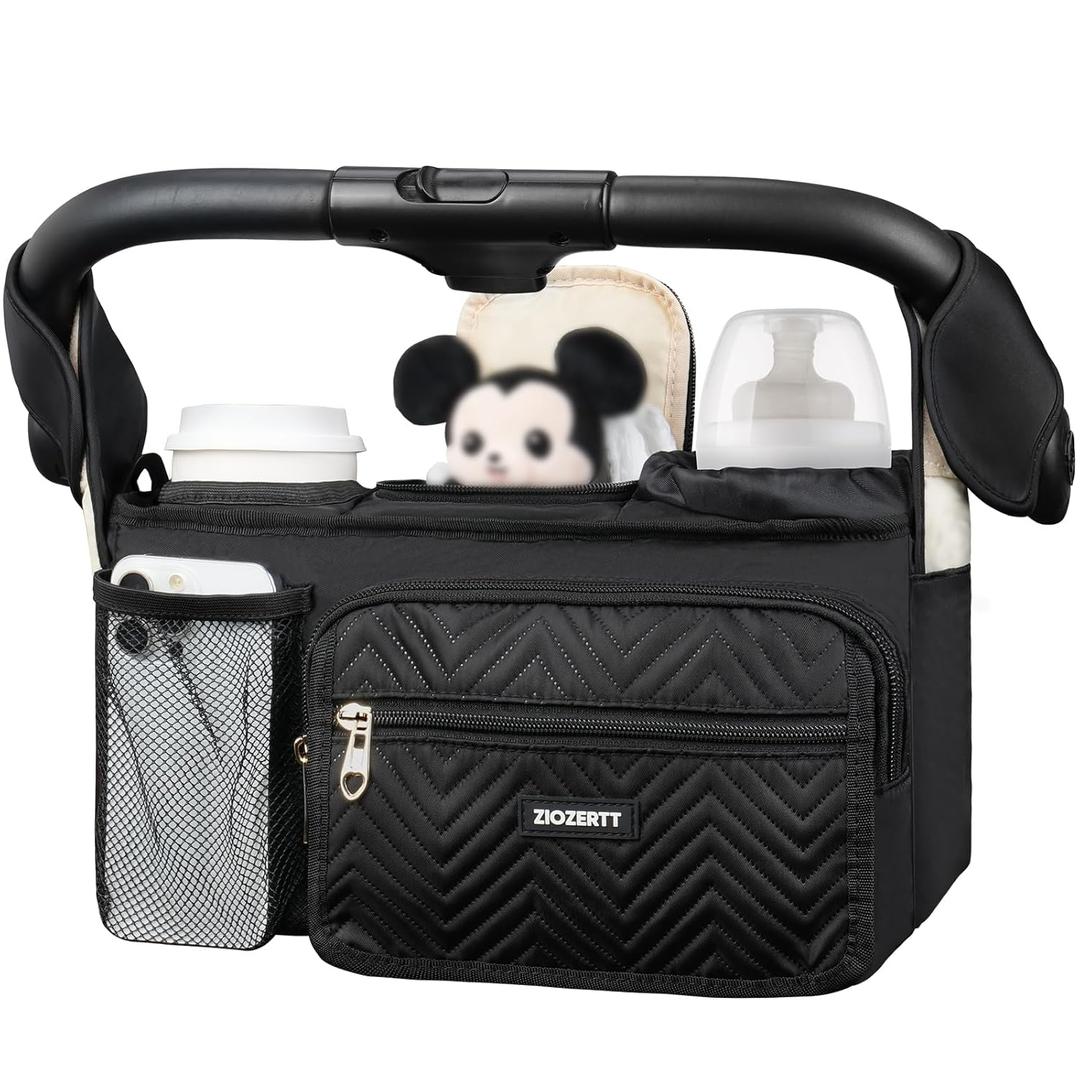 Universal Stroller Organizer with Insulated Cup Holders,Large Capacity Non-Slip Stroller Caddy Bag Fits for Uppababy/Doona/Jogger/Britax/Mompush/BoB with Anti-Sag Hard Bottom and Wet Wipes Pocket (Single, Black)