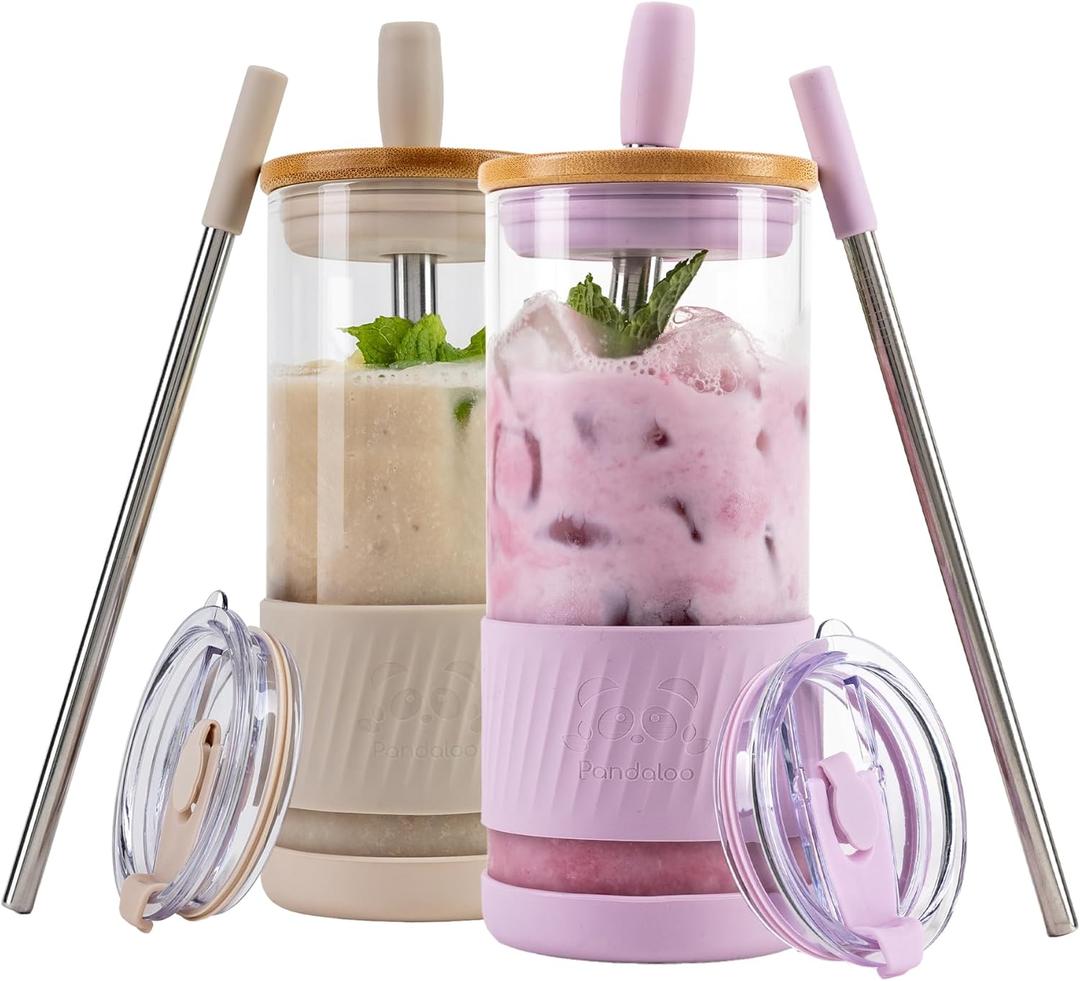 Pandaloo Glass Cups With Lids and Straws -20 Fl Oz- Perfect Size Iced Coffee Cup - Smoothie Cup With Bamboo Lid and On the go Lid - Glass Tumbler (2 Count (Pack of 1), Lilac-Creamy Mushroom)