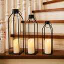 HPC Decor 22'' 19'' 16'' Lanterns Decorative w/Flickering Timer Candles- Tall Large Black Metal Candle Lanterns Set of 3- Modern Farmhouse Decor for Indoor, Outdoor, Tabletop, Porch (No Glass)
