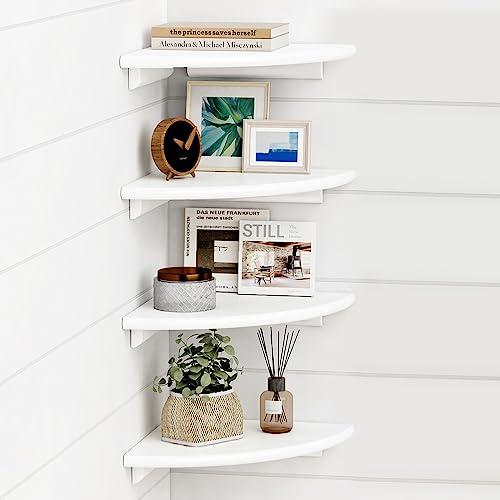 Forbena White Corner Floating Shelves for Wall Set of 4, Rounded Corner Shelves Wall Mounted for Kids Bedroom Books, Cute Wood Hanging Corner Shelf for Bathroom Decor, Living Room, Small Spaces