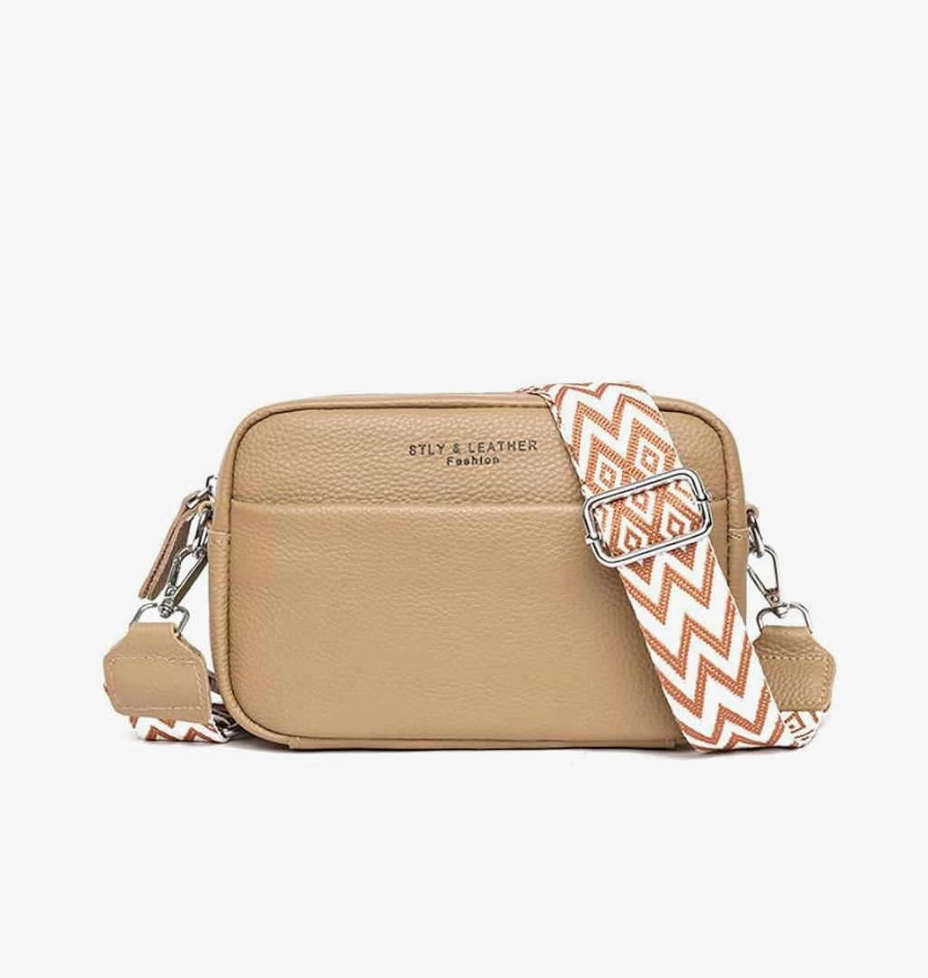 STLY & LEATHER Fashion Crossbody Bag, Beige with Chevron Strap, Small Square Purse