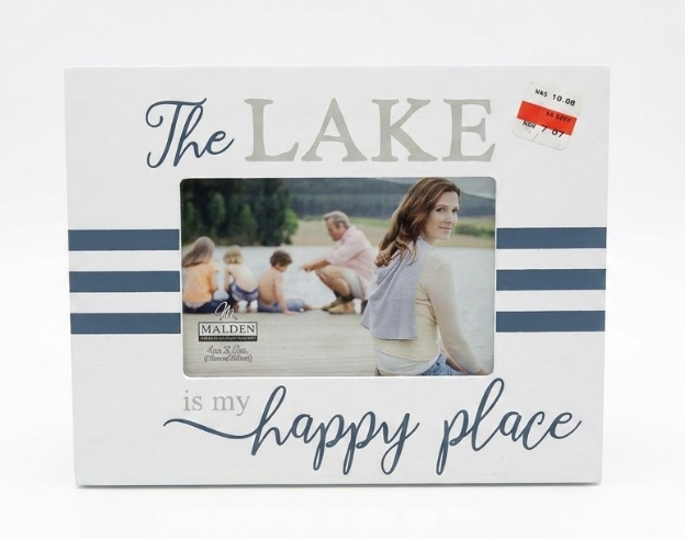 Malden Wood Frame "The LAKE is my happy place" For 4x6" Photo White Navy Blue