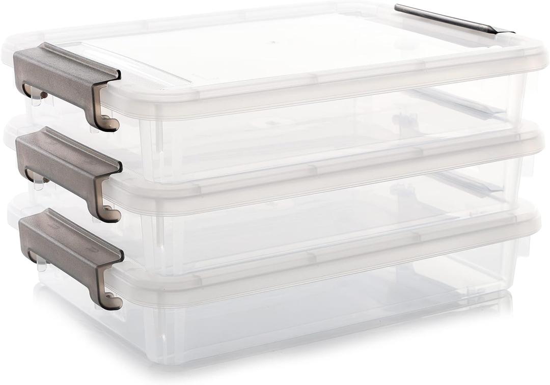 Citylife 3 PCS Plastic Storage Bins with Latching Lids Portable Project Case Clear File Box Stackable Storage Containers for Organizing A4 Paper, Photo, Document, Scrapbook (3 PCS-14.65" x 10.43" x 2.87", White)