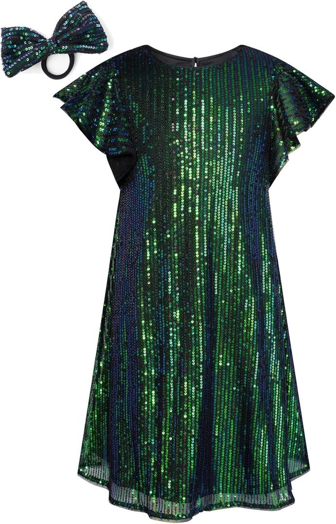 GRACE KARIN Girls Sequin Dress Short Flutter Sleeve Flare Silhouette Midi Dress with Hairbow 5-12Y (5-6 Years, Green on Black)