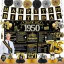Zirtorei 75th Birthday Decorations for Men Women, 21pcs Vintage 1950 Banner Party Supplies, Black Gold 75 Year Old Birthday Backdrop, 75 Birthday Honeycomb Centerpiece Hanging Swirls Balloon Sash Gift