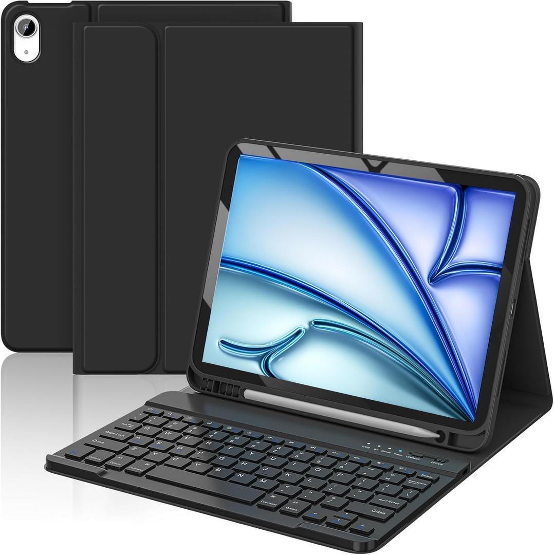 Keyboard Case for iPad Air 11-inch (M3 2025 / M2 2024) & iPad Air 5th 4th Generation, Magnetic Detachable Wireless Bluetooth Keyboard, Stand Cover Case with Pencil Holder, Black