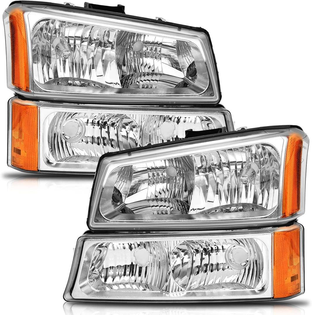2003 2004 2006 2005 Chevy Silverado Headlights Assembly Fit for 03-06 Chevy Silverado Avalanche 1500/2500/3500 Chrome Housing Amber Reflector Replacement Passenger & Driver Side