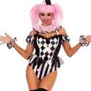 Leg Avenue Women's 4 Pc Captivating Circus Clown with Snap Crotch Bodysuit With Neck Ruffle, Wrist Ruffles, Hat Headband (Medium)