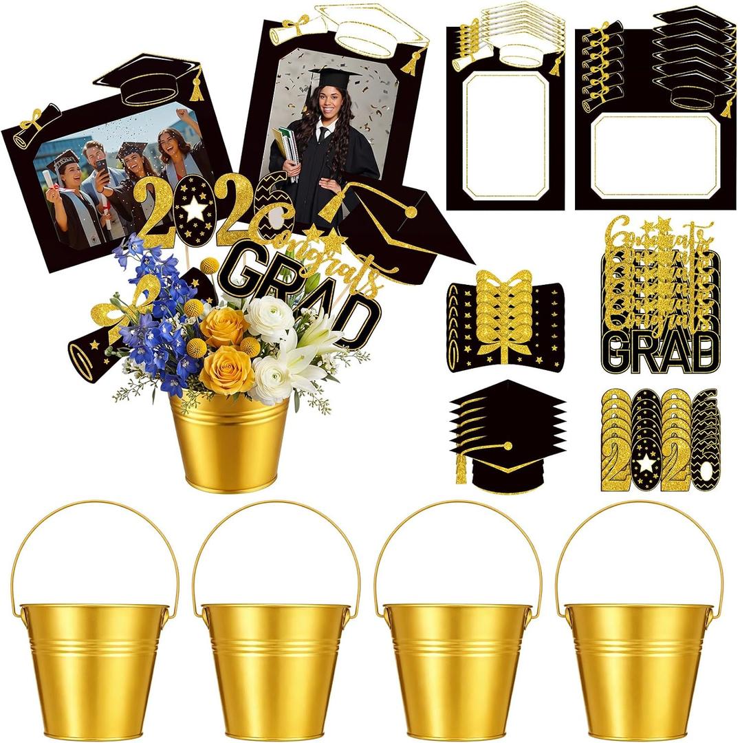 4 Set Graduation Centerpieces for Tables 8 Grad Photo Display 28 Class of 2026 Centerpiece Sticks 4 Gold Metal Bucket for Graduation Table Picture Display Party Decorations