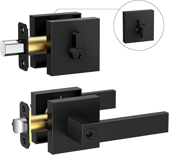 TICONN Matte Black Door Handle Heavy Duty, Reversible Square Door Lever for Bedroom, Bathroom, Rooms (Deadbolt with Keyed Entry - Not keyed Alike, 1 Pack)