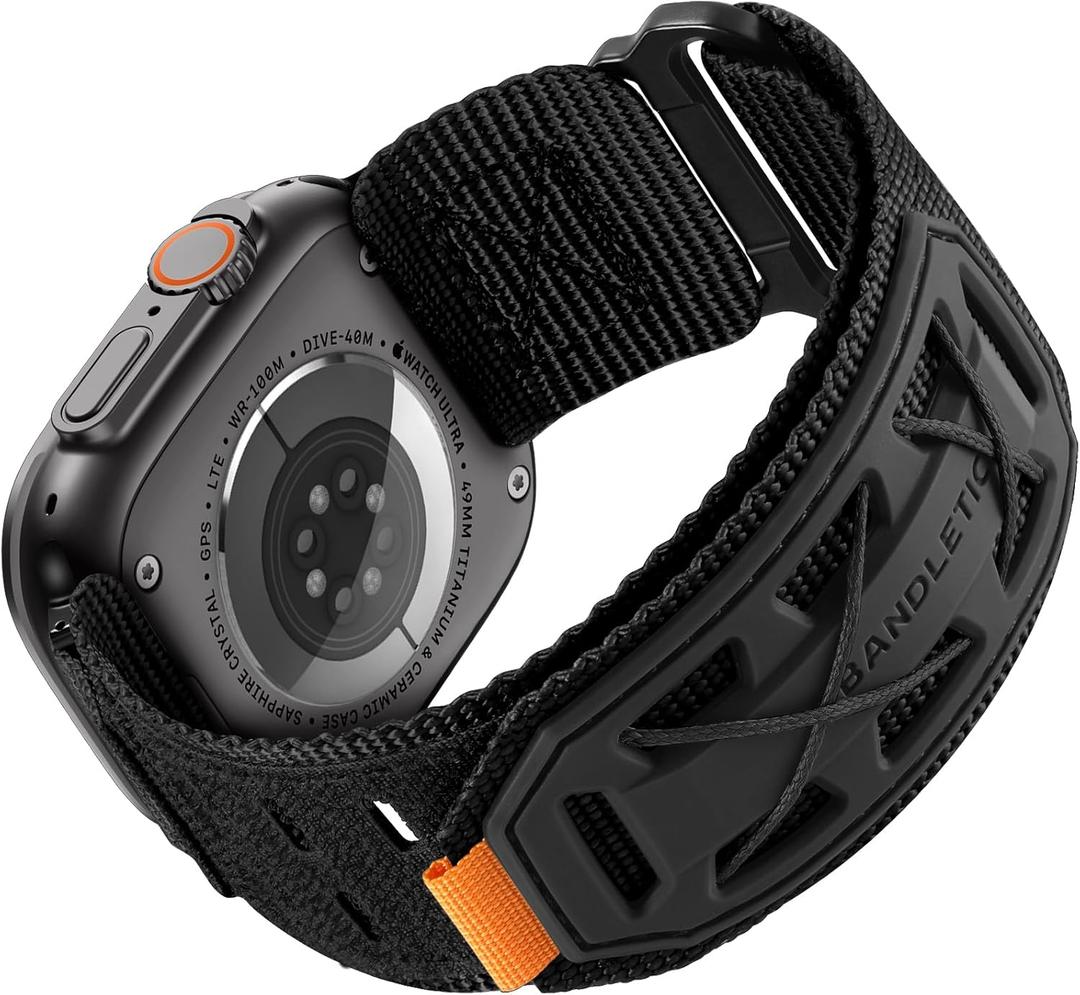 Bandletic Compatible with Apple Watch Bands for Men Women, Wide Tactical Military Rugged Nylon Soft Sport Loop for iWatch 49mm(Ultra 3/2/1),46mm(11/10),45mm(9/8/7),44mm(SE3/SE2/SE/6/5/4),42mm(3/2/1) (Black)