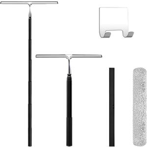 Squeegee for Shower Glass,Shower Squeegee for Glass Doors,Telescopic Window Squeegee for High Windows,Includes Towel Sleeves,Replacement Silicone Blade&Hooks,2 in 1 Queegee for Window Cleaning Kit