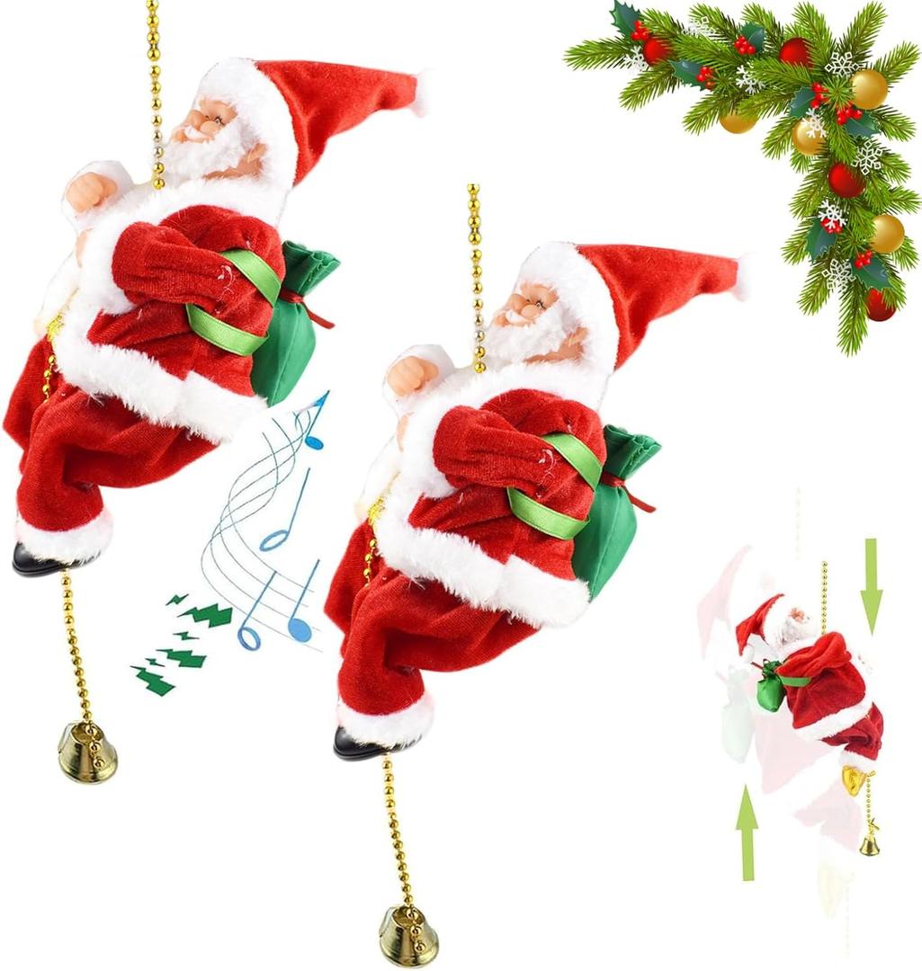 Santa Claus Musical Climbing Rope, Electric Climbing Santa on Rope, Christmas Ornament Xmas Climbs Up and Down with Light Music for Christmas Fireplace Home Decor