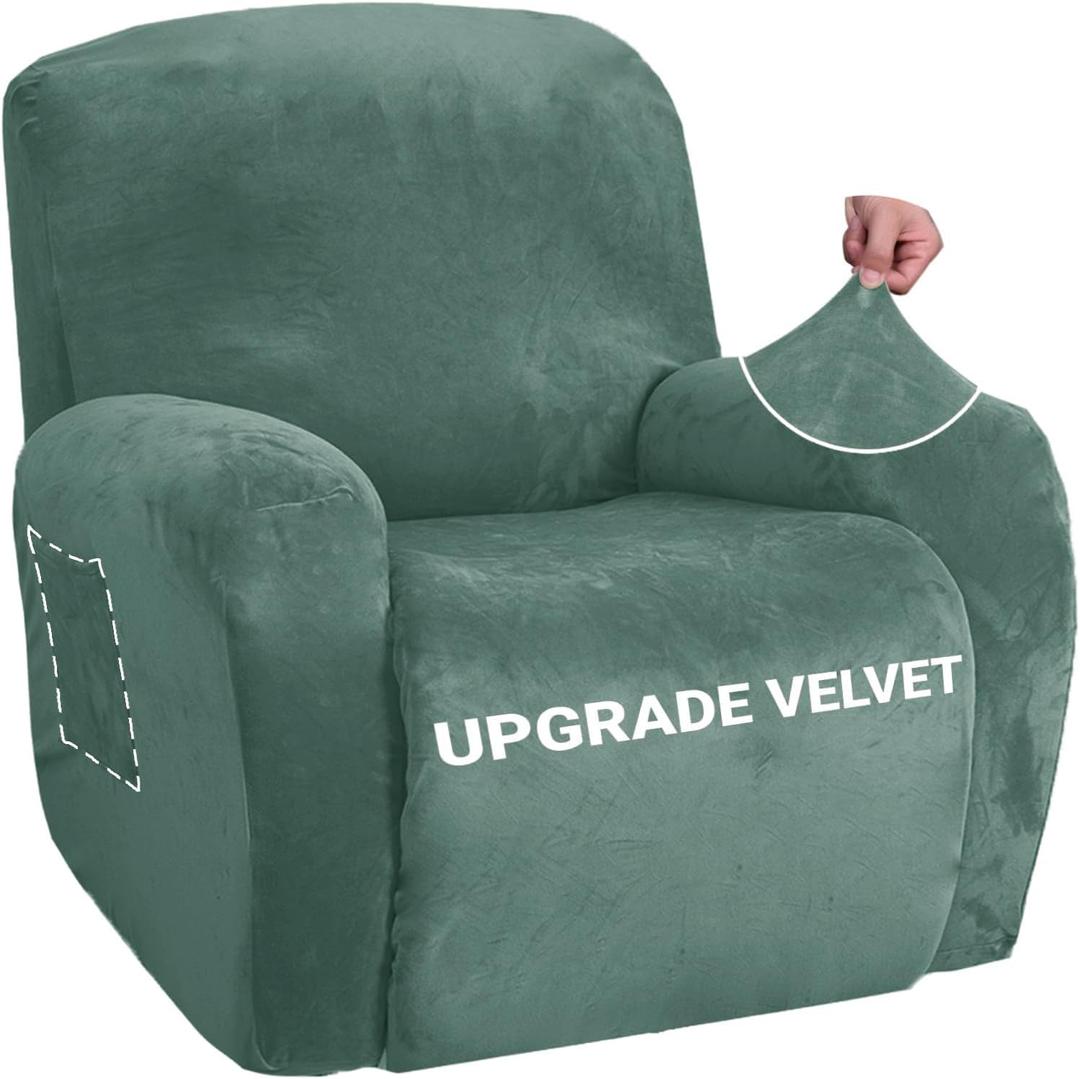 ZNSAYOTX Stretch Velvet Recliner Cover 4-Pieces, Thick Soft Recliner Chair Slipcover with Pocket, Non-Slip Elastic Bottom for Kids Pets, Luxury Plush Reclining Protector Comfy Washable (Pea Green) (Large)