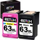 RETCH Remanufactured Ink Cartridge Replacement for HP 63 Ink 63XL Compatible with OfficeJet 3830 5255 5258 Envy 4520 4512 4513 4516 DeskJet 1112 1110 3630 3632 3634 2132 Printer (1 Black, 1 Tri-Color)