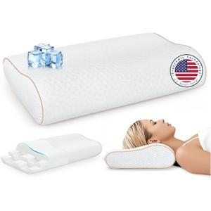 Sandwich Memory Foam Pillow for Sleeping - Ergonomic Cervical Cooling Pillows Queen Size, Adjustable Contour Pillow for Neck Pain Relief, Bed Pillow for Side, Back & Stomach Sleepers (Queen Size 23.6"L x 14.2"W)