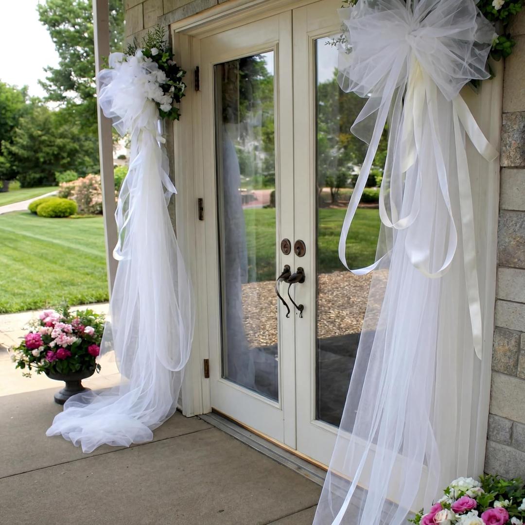 Thiccywoov 2 Pcs Giant White Bow Decor 91 x 16 Inch White Tulle Wedding Front Door Bows Backdrop for Wedding Bridal Shower Birthday Party Room Wall Decor Reception Birthday Anniversary